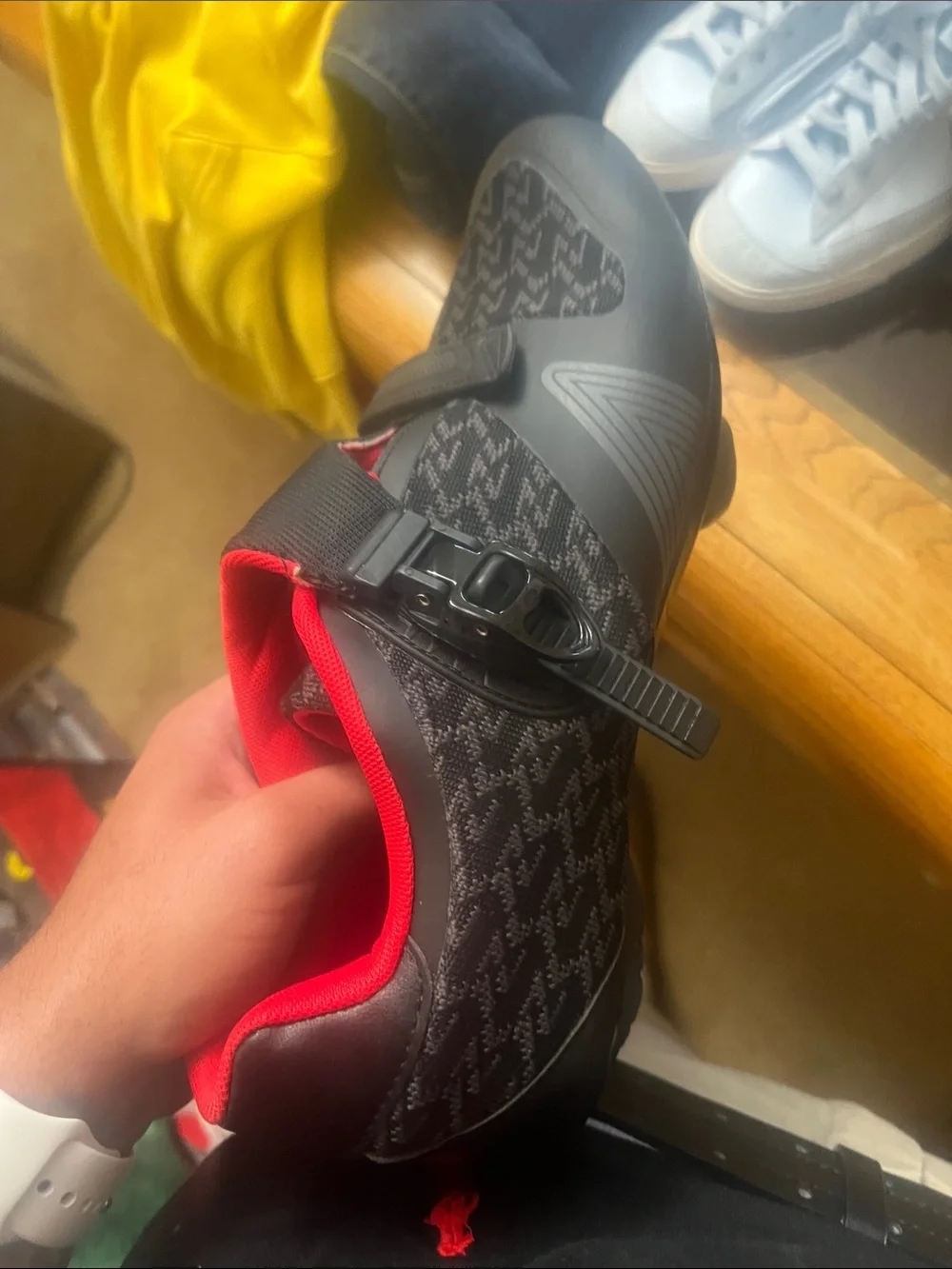 Black Cycling Shoe with Red Interior and Ratchet Closure